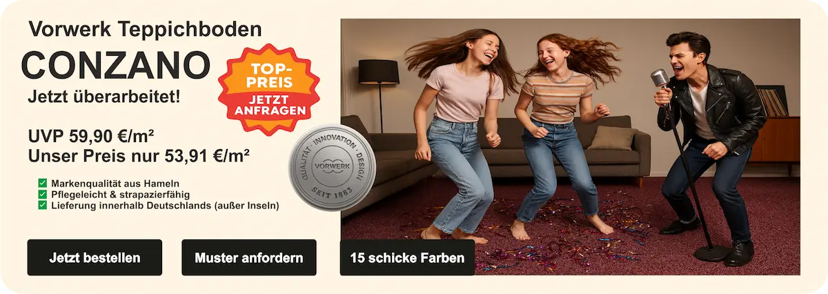 Vorwerk Conzano Teppichboden – Velours-Oberfläche in Farbe 1M04, gleichmäßig strukturiert, präsentiert als Rollenansicht auf dunklem Hintergrund, erhältlich in 4 m und 5 m Breite.